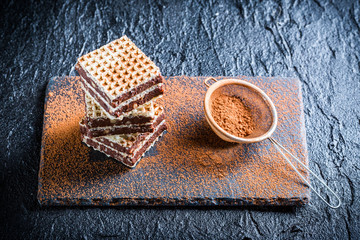 Fototapeta na wymiar Homemade wafers with nuts and chocolate on stone plate