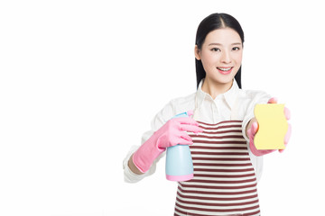 young woman cleaning on white