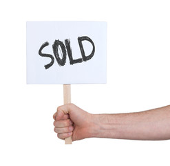 Hand holding sign, isolated on white