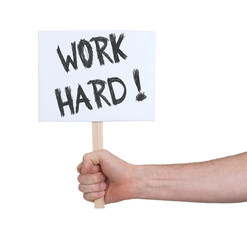 Hand holding sign, isolated on white