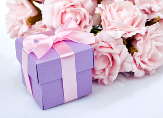 pink flowers and  gift box