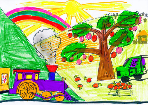 steam train and car on countryside. child drawing.