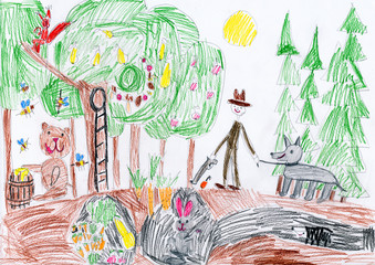 wild animals in forest and hunter with dog. child drawing