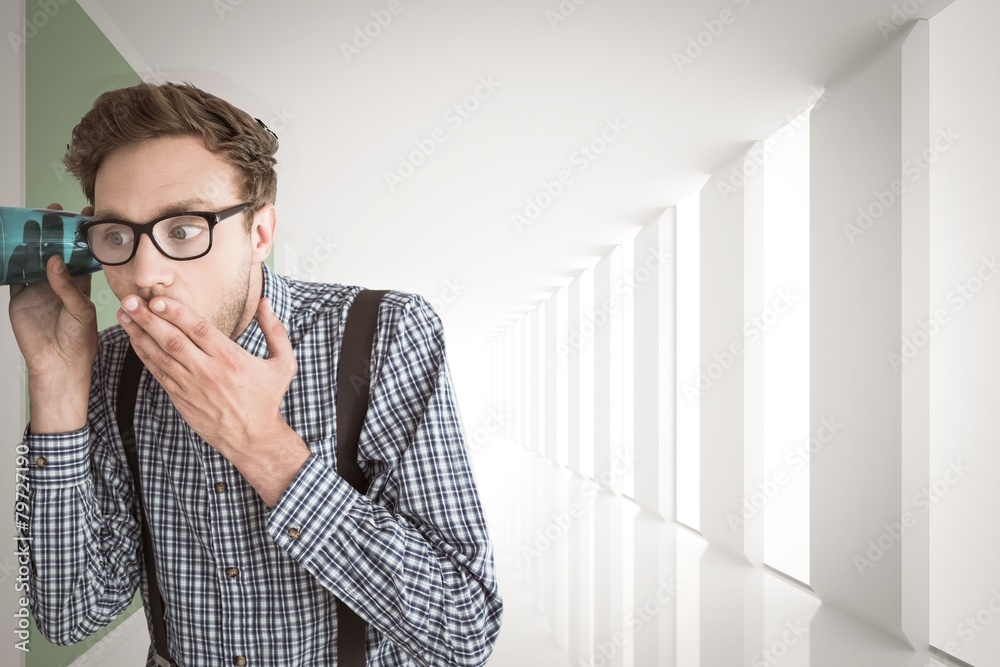 Poster composite image of geeky businessman eavesdropping with cup