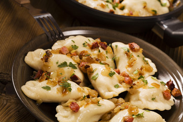 Delicious homemade dumplings with onion and bacon