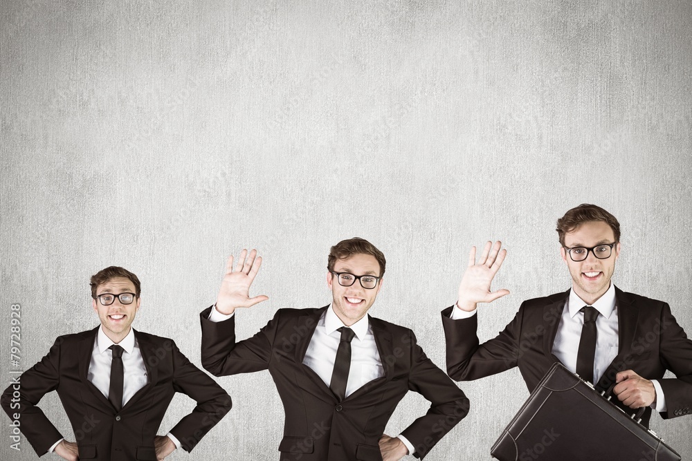 Poster composite image of nerdy businessman waving