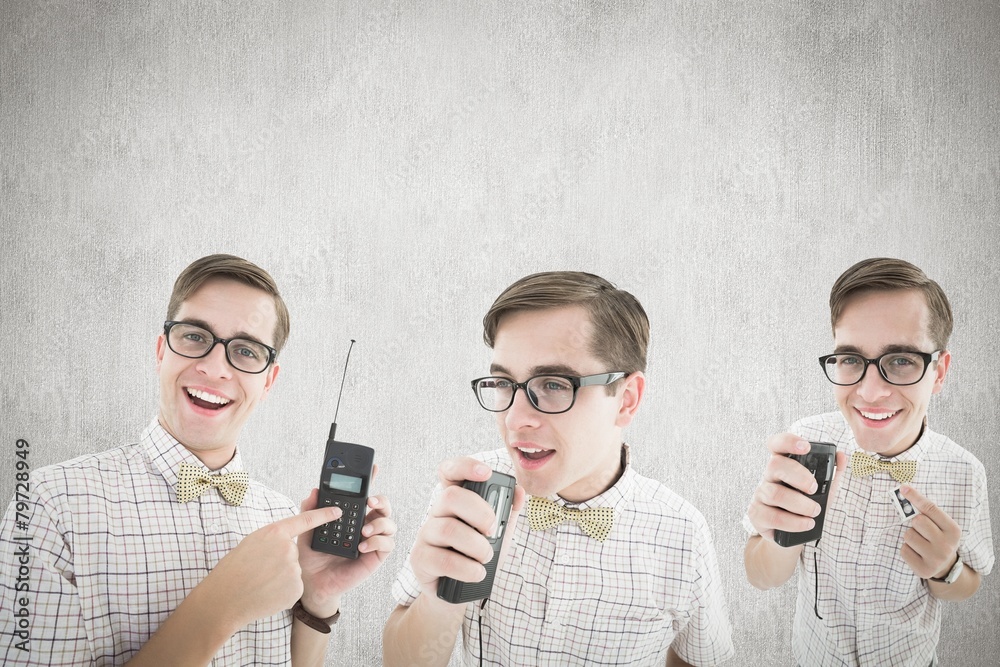 Poster Composite image of nerd with tape recorder