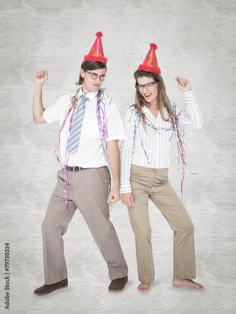 Poster Composite image of happy geeky couple dancing