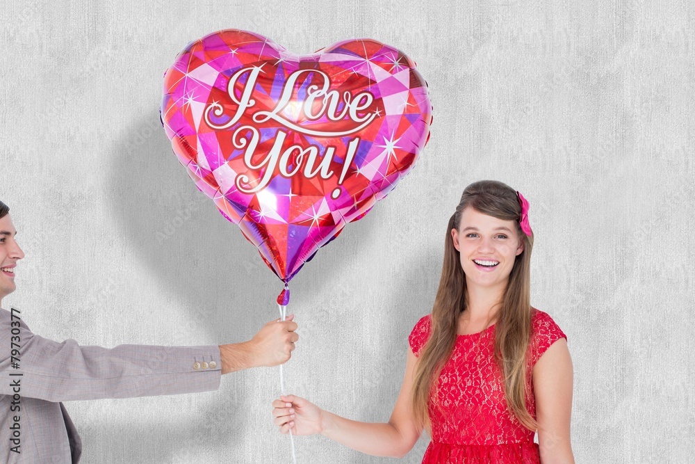 Poster geeky hipster offering red heart shape balloon