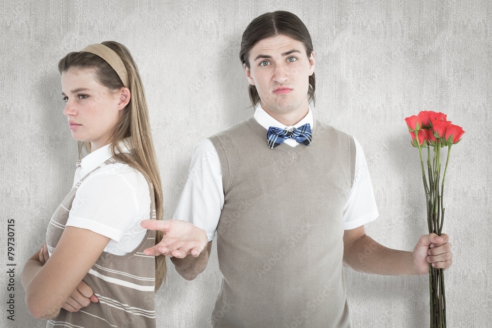 Poster geeky hipster couple not talking after argument