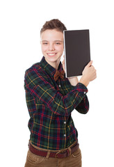 Handsome  hipster guy smiles and holds  tablet