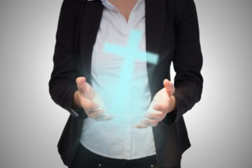 Composite image of businesswomans hands presenting
