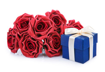red flowers and blue gift box