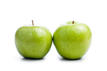 Two wet fresh green apple on isolated white backround, the pantone color of the year 2017, Greenery 15-0343