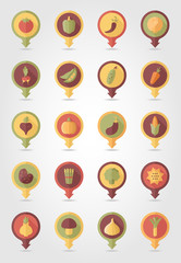 Vegetable mapping pins icons with long shadow