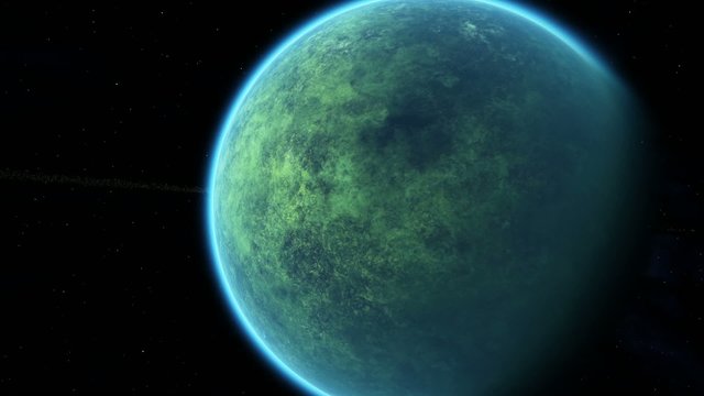 Green planet surrounded by asteroid ring 01