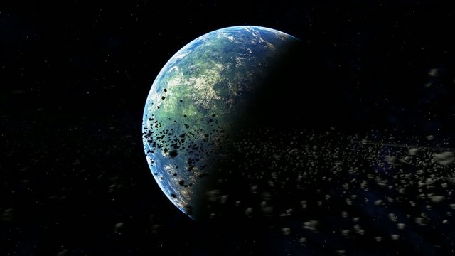 Cloudy planet surrounded by asteroid ring 02