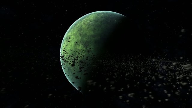 Green planet surrounded by asteroid ring 02