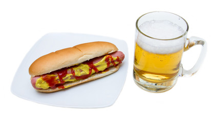 Beer and hot dogs on a white background