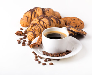 Breakfast with coffee and croissants on table