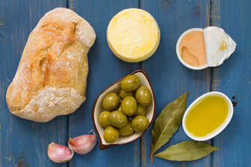 bread with olives, pate and olive oil