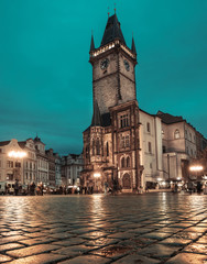 Fototapeta na wymiar Old Town Square in Prague at night, toned image