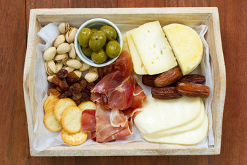 cheese with prosciutto, cookies, olives