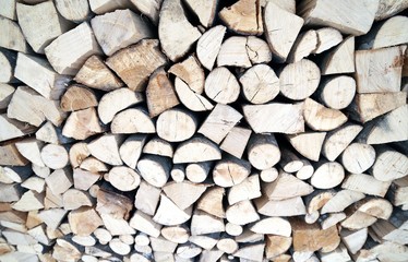 Woodshed with many logs for the wood-burning stove