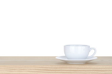 Fototapeta na wymiar white cup of coffee on pine Wooden Table