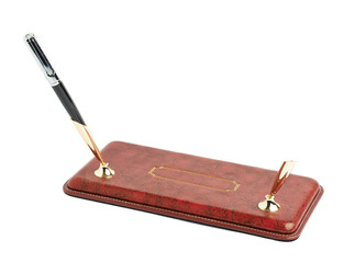Red leather pen holder isolated
