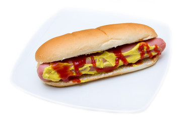 Hot dog on plate on white background
