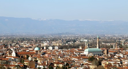 Vicenza, Italy, Panorama of the city with the mountains in the b