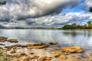 reflection in lake Calik in Sardinia in hdr