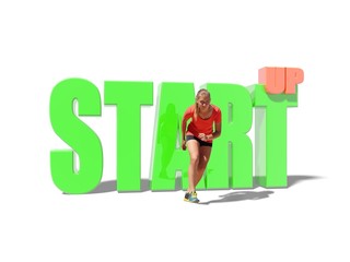 teen girl in sport wear run out from start up words