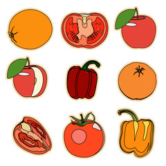 Collection of a set of cute vector illustration fruits and veget