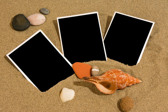 Pictures on the beach with cockleshells on sand