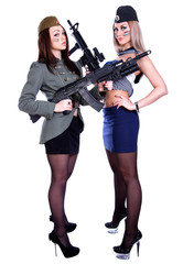 Two women in the marine and the military uniforms