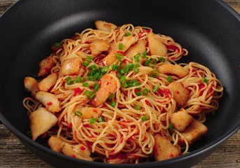 Pasta. Spaghetti with sauce and chicken in a pan.