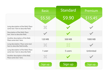 Light pricing table with 3 options and one recommended