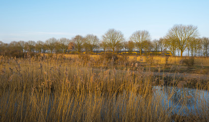 Train moving through the countryside in winter