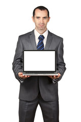 Business man show his laptop screen