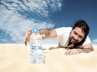 Thirsty man reaching for a bottle of water