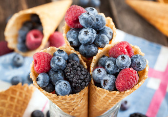 Fresh berries in waffle cone