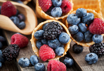 Fresh berries in waffle cone