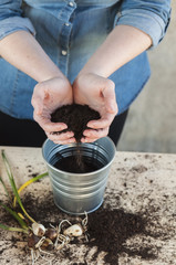 Woman taking soil to fill a potted plant