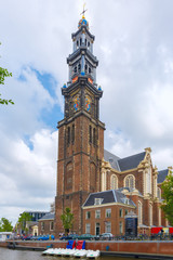 Amsterdam canal and church Westerkerk, Netherlands