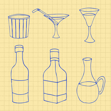 set of hand drawn glass bottles, sketch, ink drawing vector illu