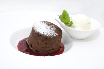 chocolate dessert with ice cream on a white background