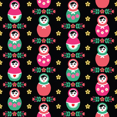 Russian doll Matryoshka folk seamless pattern on black