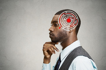 Decision wisdom strategy concept. Man solving problem thinking
